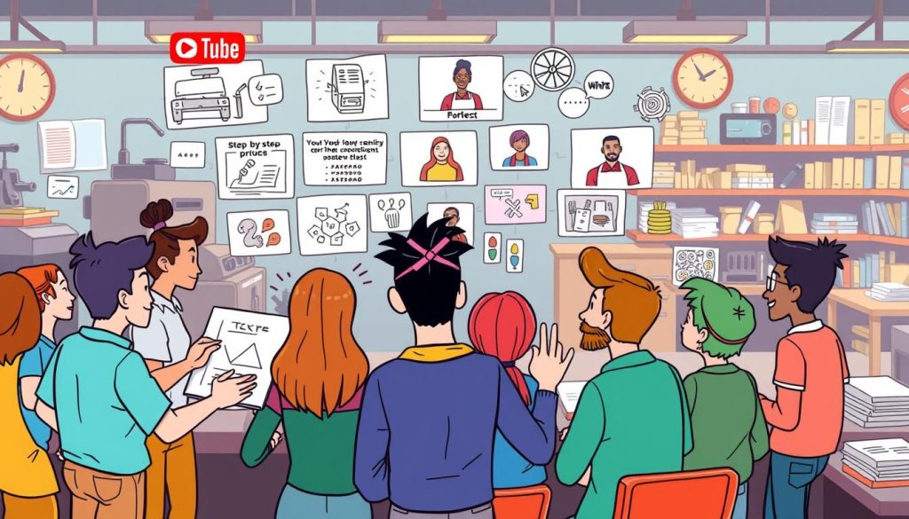A vibrant, whimsical illustration depicting an array of engaging content ideas for a print shop's YouTube channel. In the foreground, a group of animated, colorful characters brainstorm, sketching and gesturing enthusiastically. The middle ground showcases an array of creative concepts - a step-by-step tutorial on a printing press, an interview with a master craftsman, a behind-the-scenes look at the workshop. In the background, a bustling print shop setting with machinery, tools, and shelves of materials. The scene exudes a sense of creativity, collaboration, and the joy of sharing the art of print through dynamic, informative video content.