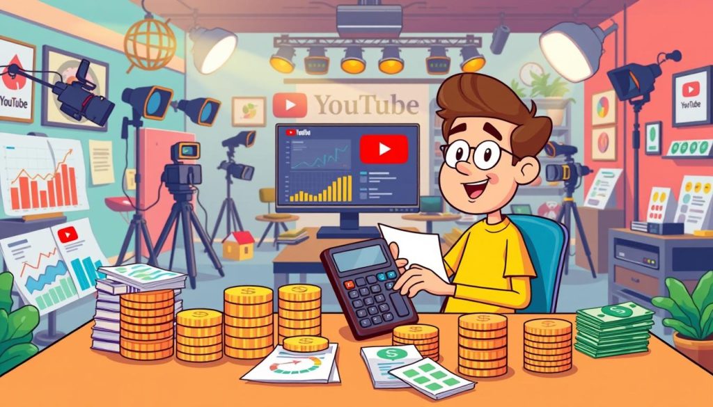 A vibrant, whimsical illustration depicting the calculation of YouTube channel income. In the foreground, a cartoon character sits at a desk, calculator in hand, surrounded by colorful charts, graphs, and financial documents. The middle ground features stacks of coins, dollar bills, and a computer screen displaying analytics data. In the background, a bustling YouTube studio with cameras, lighting, and creative tools sets the scene. The overall mood is one of financial analysis and creative entrepreneurship, with a playful, animated style that reflects the artistic nature of the channel. A vibrant, whimsical illustration depicting the calculation of YouTube channel income. In the foreground, a cartoon character sits at a desk, calculator in hand, surrounded by colorful charts, graphs, and financial documents. The middle ground features stacks of coins, dollar bills, and a computer screen displaying analytics data. In the background, a bustling YouTube studio with cameras, lighting, and creative tools sets the scene. The overall mood is one of financial analysis and creative entrepreneurship, with a playful, animated style that reflects the artistic nature of the channel.