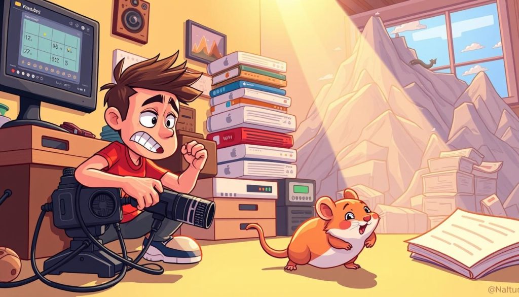 A vibrant, whimsical illustration depicting the challenges and obstacles faced by a YouTube content creator focused on introducing exotic household pets. In the foreground, a determined animator struggles with tangled camera cables, a malfunctioning microphone, and a mischievous hamster scurrying across the frame. In the middle ground, a stack of unfamiliar editing software windows and social media dashboards overwhelm the creator, while in the background, a towering mountain of comments, likes, and subscriber count looms ominously. The lighting is warm and playful, with rays of sunlight filtering through a window, casting a hopeful glow on the scene. The overall mood is one of perseverance and a touch of humor, capturing the ups and downs of building a successful YouTube channel about unique animal companions. A vibrant, whimsical illustration depicting the challenges and obstacles faced by a YouTube content creator focused on introducing exotic household pets. In the foreground, a determined animator struggles with tangled camera cables, a malfunctioning microphone, and a mischievous hamster scurrying across the frame. In the middle ground, a stack of unfamiliar editing software windows and social media dashboards overwhelm the creator, while in the background, a towering mountain of comments, likes, and subscriber count looms ominously. The lighting is warm and playful, with rays of sunlight filtering through a window, casting a hopeful glow on the scene. The overall mood is one of perseverance and a touch of humor, capturing the ups and downs of building a successful YouTube channel about unique animal companions.