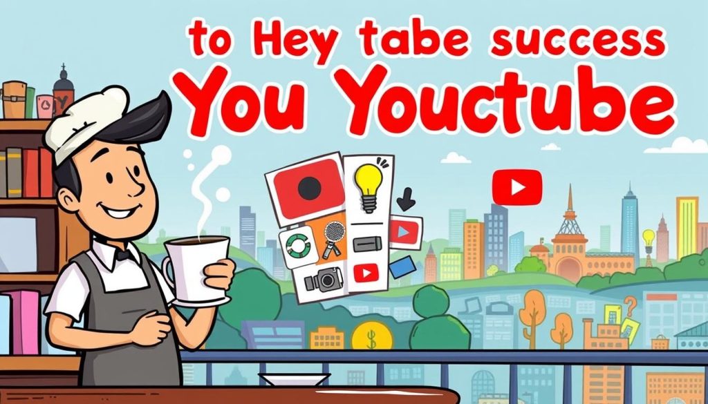 A vibrant, whimsical illustration depicting the key elements to YouTube success. In the foreground, a friendly barista figure serves up a steaming cup of coffee, symbolizing the cozy, cafe-inspired vibe of the YouTube channel. The middle ground showcases a collage of creative icons - a camera, a microphone, a lightbulb - representing the essential tools and ideas needed to craft engaging content. In the background, a colorful, stylized cityscape unfolds, hinting at the vast potential and global reach of the YouTube platform. The overall scene emanates a sense of enthusiasm, inspiration, and the promise of a thriving, YouTube-powered vlogging venture.