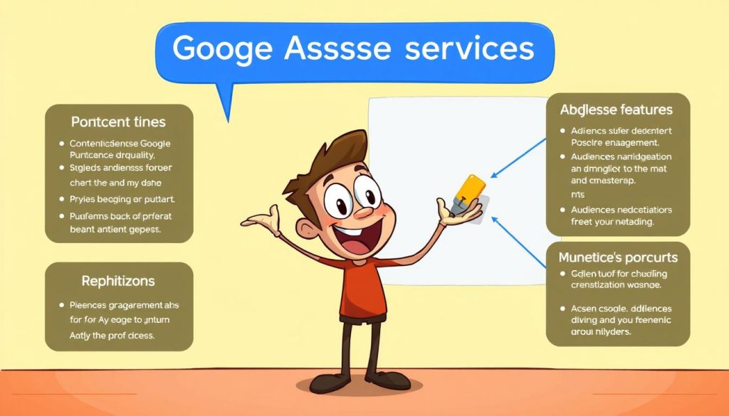 A vibrant, whimsical illustration of "Google AdSense services" showcasing a friendly, cartoon-style character enthusiastically presenting various AdSense features and requirements against a warm, inviting background. The character should be engaging, approachable, and emphasize the key aspects of the AdSense program, such as content quality, audience engagement, and monetization opportunities. The overall composition should convey a sense of excitement, accessibility, and the potential benefits of the AdSense platform for content creators.
