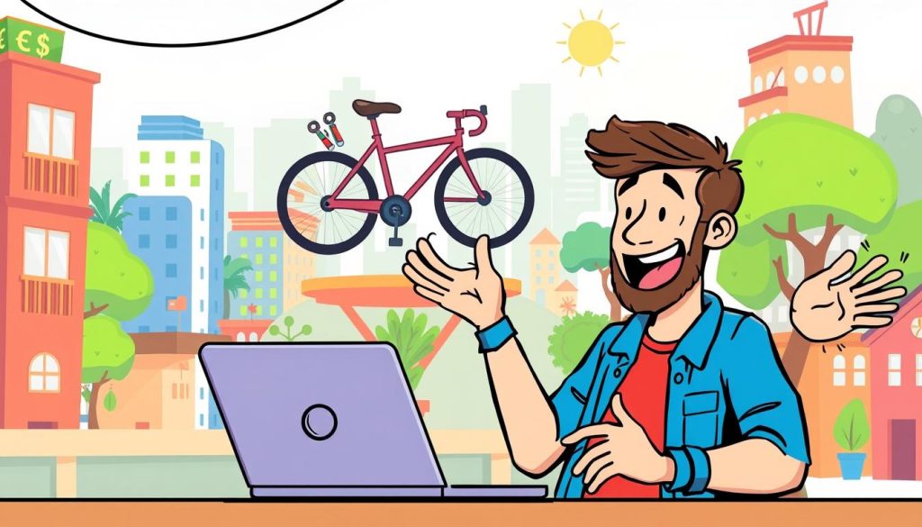 A vibrant, whimsical illustration of a YouTuber excitedly reviewing the process of earning revenue from their bicycle repair channel through Google Adsense. In the foreground, the YouTuber gestures animatedly while reviewing their earnings dashboard on a laptop. In the middle ground, a stylized bicycle with various repair tools hovers, alluding to the content of their videos. The background features a playful, cartoon-like cityscape, with buildings, trees, and other elements that evoke a sense of creativity and entrepreneurship. The overall scene conveys a mood of enthusiasm, success, and the rewarding experience of monetizing a passion project through modern digital platforms. A vibrant, whimsical illustration of a YouTuber excitedly reviewing the process of earning revenue from their bicycle repair channel through Google Adsense. In the foreground, the YouTuber gestures animatedly while reviewing their earnings dashboard on a laptop. In the middle ground, a stylized bicycle with various repair tools hovers, alluding to the content of their videos. The background features a playful, cartoon-like cityscape, with buildings, trees, and other elements that evoke a sense of creativity and entrepreneurship. The overall scene conveys a mood of enthusiasm, success, and the rewarding experience of monetizing a passion project through modern digital platforms.
