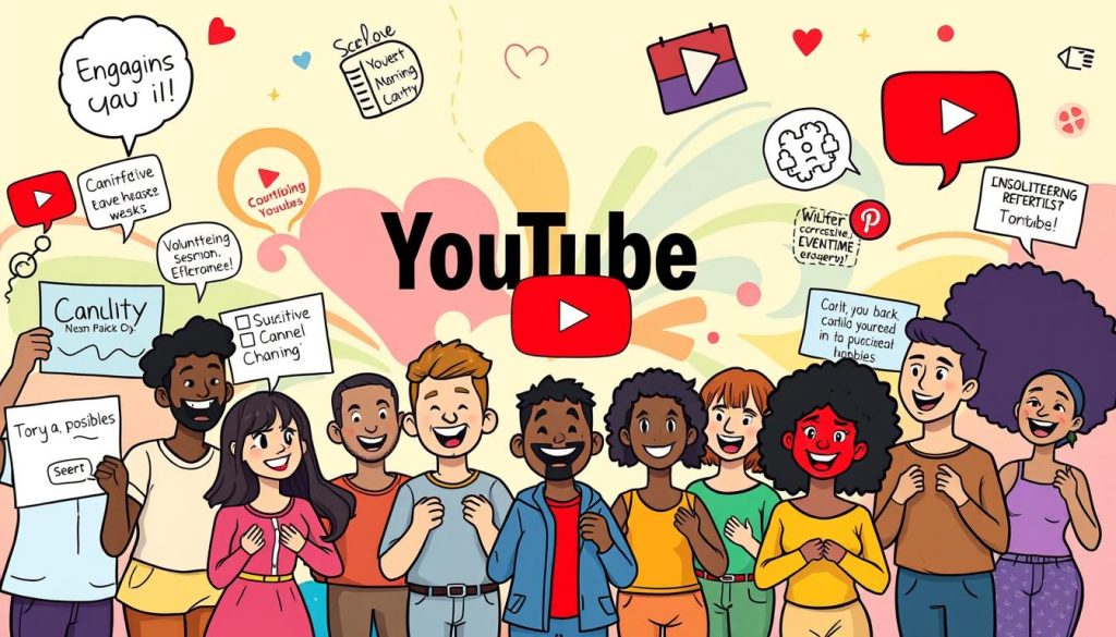 A vibrant, whimsical illustration of a range of engaging YouTube channel topics. In the foreground, a group of diverse characters enthusiastically present various ideas - from charitable causes and volunteering to educational content and creative hobbies. The middle ground features a colorful, dynamic backdrop of swirling shapes and patterns, evoking the lively, creative spirit of YouTube. In the background, a warm, inviting palette sets the mood, with soft lighting and a sense of playfulness. The overall composition conveys the excitement and potential of selecting the perfect subject matter for a successful YouTube channel focused on sharing positive, impactful stories.
