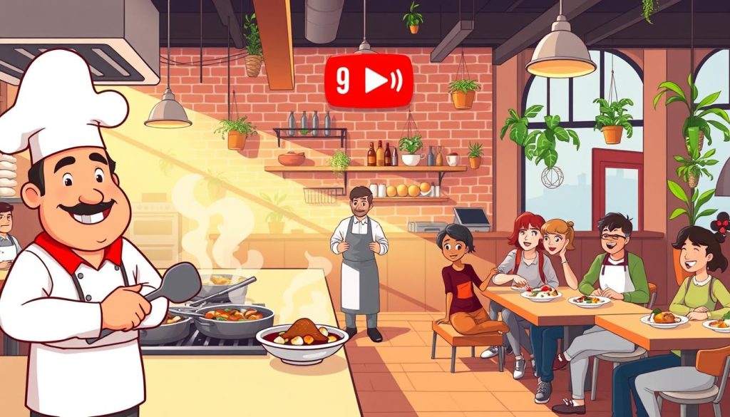 A vibrant, whimsical illustration of a successful local restaurant's YouTube channel. In the foreground, a charming cartoon chef, spatula in hand, stands proudly beside a bustling open kitchen, steam rising from sizzling pans. In the middle ground, a team of animated servers deliver plates of delicious local fare to eager customers seated at cozy tables. The background depicts the warm, inviting atmosphere of the restaurant, with hanging plants, exposed brick walls, and a cozy ambiance. Bright, natural lighting illuminates the scene, capturing the energy and passion of the local restaurant's YouTube endeavor. The overall mood is one of joy, community, and culinary delight.