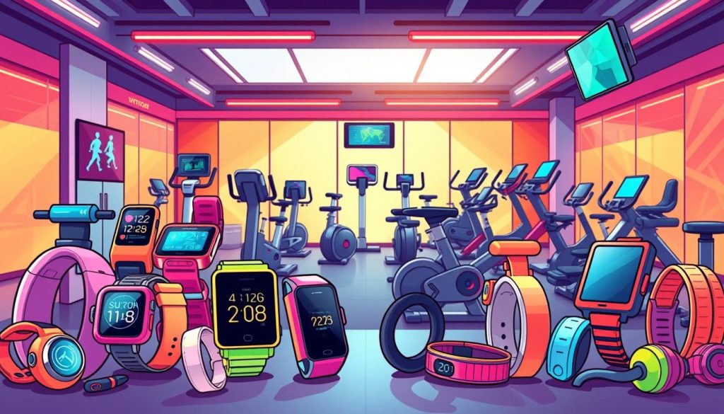 A vibrant, whimsical illustration of an array of colorful, cutting-edge sports gadgets and wearables. In the foreground, a dynamic display of fitness trackers, smartwatches, and innovative sports tech, rendered in a playful, cartoon-like style. The middle ground features a diverse collection of ergonomic, high-tech sports equipment, including smart bikes, advanced exercise machines, and immersive VR gear. The background showcases a sleek, futuristic gym or training facility, bathed in warm, energizing lighting. The overall scene exudes a sense of excitement and enthusiasm for the latest advancements in the world of sports technology. A vibrant, whimsical illustration of an array of colorful, cutting-edge sports gadgets and wearables. In the foreground, a dynamic display of fitness trackers, smartwatches, and innovative sports tech, rendered in a playful, cartoon-like style. The middle ground features a diverse collection of ergonomic, high-tech sports equipment, including smart bikes, advanced exercise machines, and immersive VR gear. The background showcases a sleek, futuristic gym or training facility, bathed in warm, energizing lighting. The overall scene exudes a sense of excitement and enthusiasm for the latest advancements in the world of sports technology.