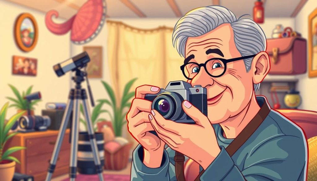 A vibrant, whimsical scene depicting a mature adult enjoying the art of photography. In the foreground, a middle-aged person with a warm, friendly expression peers through the viewfinder of a vintage-style camera, their hands steady and focused. The middle ground features an array of photographic equipment, including a tripod, lenses, and a retro-inspired camera bag. The background showcases a cozy, inviting environment, perhaps a home studio or a quaint outdoor setting, with soft, diffused lighting illuminating the scene. The mood is one of quiet contentment, passion, and the joy of learning new skills later in life. The illustration uses a playful, cartoon-like style to convey the approachability and accessibility of photography for adults over 40.