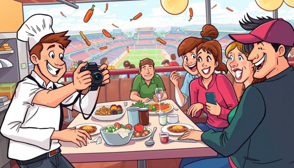 A vibrant, whimsical scene depicting the challenges of running a sports travel food vlog. In the foreground, a cheerful vlogger struggles to keep their camera steady as they navigate a bustling restaurant kitchen, dodging chefs and flying ingredients. In the middle ground, diners in athletic wear enjoy a lively meal, their expressions ranging from delight to bewilderment at the vlogger's antics. The background features a panoramic view of a picturesque sports venue, hinting at the vlogger's ultimate destination. The overall atmosphere is one of energy, humor, and the unexpected hurdles that come with capturing the perfect vlog content. The scene is rendered in a colorful, cartoon-like style that captures the playful nature of the subject matter.