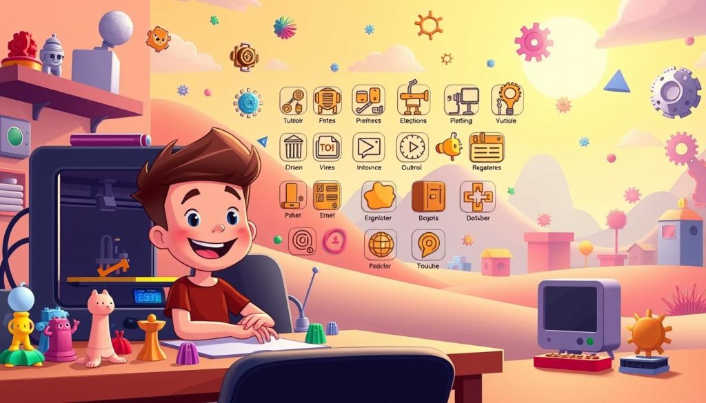 A vibrant, whimsical scene depicting the content strategy for a 3D printing-focused YouTube channel. In the foreground, a smiling, animated character sits at a desk, surrounded by various 3D-printed objects, including colorful figurines, mechanical parts, and a sleek desktop 3D printer. The middle ground features an array of creative, thought-provoking icons representing different content types, such as tutorials, project showcases, and design inspirations. In the background, a warm, imaginative landscape with floating 3D-printed shapes, gears, and other technological elements sets the stage for a channel brimming with innovation and creativity. The lighting is soft and inviting, with a sense of playfulness and wonder, capturing the essence of a successful YouTube channel dedicated to 3D printing and creative projects. A vibrant, whimsical scene depicting the content strategy for a 3D printing-focused YouTube channel. In the foreground, a smiling, animated character sits at a desk, surrounded by various 3D-printed objects, including colorful figurines, mechanical parts, and a sleek desktop 3D printer. The middle ground features an array of creative, thought-provoking icons representing different content types, such as tutorials, project showcases, and design inspirations. In the background, a warm, imaginative landscape with floating 3D-printed shapes, gears, and other technological elements sets the stage for a channel brimming with innovation and creativity. The lighting is soft and inviting, with a sense of playfulness and wonder, capturing the essence of a successful YouTube channel dedicated to 3D printing and creative projects.