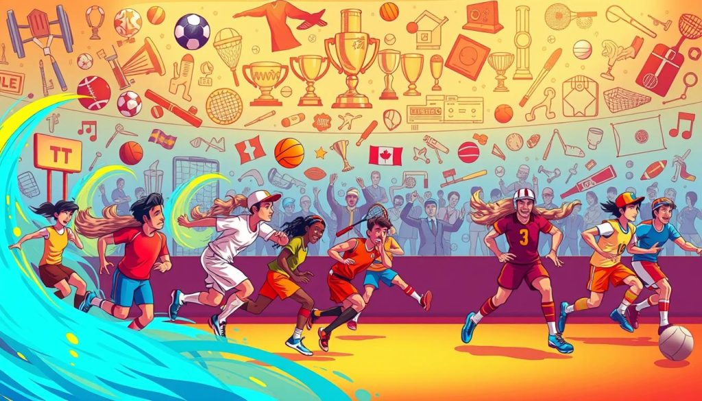 A vibrant, whimsical scene depicting the contrast between sports myths and facts. In the foreground, a group of athletes engaged in fanciful, exaggerated versions of their sports, surrounded by a swirling, colorful energy. In the middle ground, these same athletes performing their sports in a more realistic, grounded manner. In the background, a collage of iconic sports equipment, trophies, and symbols, hinting at the true nature of athletic achievement. The lighting is warm and playful, with a sense of movement and dynamism throughout the composition. The overall tone is one of playful education, inviting the viewer to explore the line between sports legends and realities. A vibrant, whimsical scene depicting the contrast between sports myths and facts. In the foreground, a group of athletes engaged in fanciful, exaggerated versions of their sports, surrounded by a swirling, colorful energy. In the middle ground, these same athletes performing their sports in a more realistic, grounded manner. In the background, a collage of iconic sports equipment, trophies, and symbols, hinting at the true nature of athletic achievement. The lighting is warm and playful, with a sense of movement and dynamism throughout the composition. The overall tone is one of playful education, inviting the viewer to explore the line between sports legends and realities.