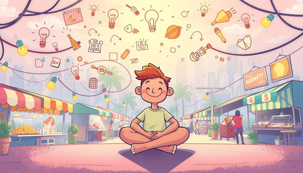 A vibrant, whimsical scene depicting the creative process. In the foreground, a colorful, cartoon-style character sits cross-legged, surrounded by a swirling array of ideas and inspirations - light bulbs, sketches, and abstract shapes in a soft, pastel palette. The middle ground features a bustling street market, with vendors selling an array of delectable street foods, creating a sense of energy and community. In the background, a dynamic cityscape stretches out, hinting at the broader context and potential for this creative concept to thrive. The lighting is soft and dreamlike, evoking a sense of imagination and possibility. The overall composition conveys a sense of playfulness, innovation, and the transformative power of creative thinking.