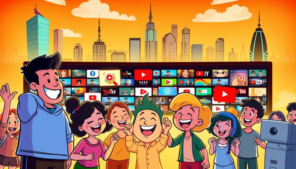 A vibrant, whimsical scene depicting the many benefits of the YouTube platform. In the foreground, a group of animated characters enthusiastically create and share their content, their expressions brimming with joy and creativity. The middle ground showcases a diverse array of video thumbnails, each representing the vast range of topics and genres available on YouTube. In the background, a dynamic cityscape filled with skyscrapers and technological elements symbolizes the global reach and interconnectivity of the platform. Warm, diffused lighting casts a celebratory glow, capturing the energy and excitement of the YouTube experience. The overall composition conveys the empowerment, inspiration, and endless possibilities that YouTube offers to its users.