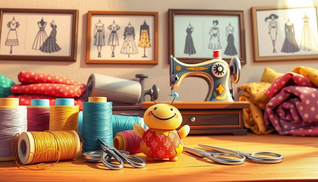 A vibrant, whimsical scene depicting various sewing and textile-related subjects. In the foreground, a collection of colorful spools of thread, a pair of dainty sewing scissors, and a pincushion shaped like a smiling cartoon character. In the middle ground, a sewing machine with a mechanical, retro-inspired design sits atop a wooden table, surrounded by bolts of patterned fabrics in an array of hues. The background features a wall adorned with framed sketches of stylized fashion designs and silhouettes, casting a warm, artistic ambiance over the composition. The lighting is soft and natural, creating a cozy, inviting atmosphere suitable for a creative space dedicated to the art of sewing and dressmaking.