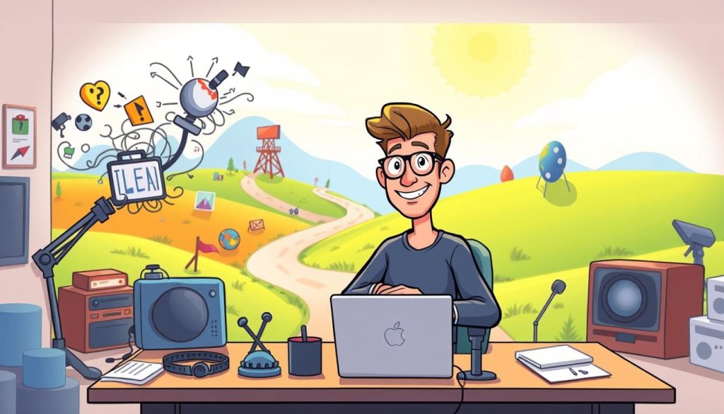 A vibrant, whimsical scene of a person navigating the challenges of starting a YouTube channel focused on self-care and mental wellbeing for middle-aged individuals. In the foreground, the cartoon-style figure sits at a desk, surrounded by a swirl of ideas, obstacles, and technological equipment. The middle ground features a winding path leading through a colorful, abstract landscape, symbolizing the journey of channel development. In the background, a bright, sun-dappled sky sets a hopeful, inspiring tone. Soft, diffused lighting creates a sense of warmth and positivity, while the dynamic, expressive character conveys determination and creativity in the face of the "چالش‌ها راه‌اندازی کانال یوتیوب".
