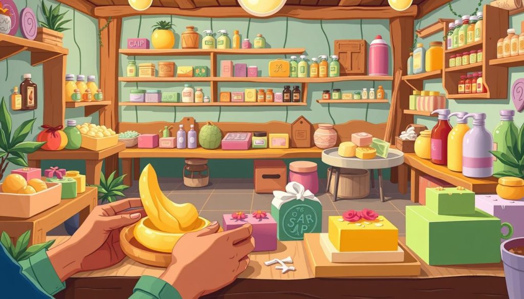 A vibrant, whimsical scene of an artisanal soap-making workshop. In the foreground, a skillful artisan crafts intricate soap sculptures, their hands deftly shaping the fragrant, colorful bars. In the middle ground, shelves display an array of handmade soaps, lotions, and other natural skincare products, each item showcasing a unique design or pattern. The background features a cozy, rustic workshop setting, complete with wooden benches, jars of essential oils, and a cheerful, inviting atmosphere. The lighting is soft and warm, casting a gentle glow over the entire scene, conveying a sense of creativity, craftsmanship, and the allure of natural, homemade products. A vibrant, whimsical scene of an artisanal soap-making workshop. In the foreground, a skillful artisan crafts intricate soap sculptures, their hands deftly shaping the fragrant, colorful bars. In the middle ground, shelves display an array of handmade soaps, lotions, and other natural skincare products, each item showcasing a unique design or pattern. The background features a cozy, rustic workshop setting, complete with wooden benches, jars of essential oils, and a cheerful, inviting atmosphere. The lighting is soft and warm, casting a gentle glow over the entire scene, conveying a sense of creativity, craftsmanship, and the allure of natural, homemade products.