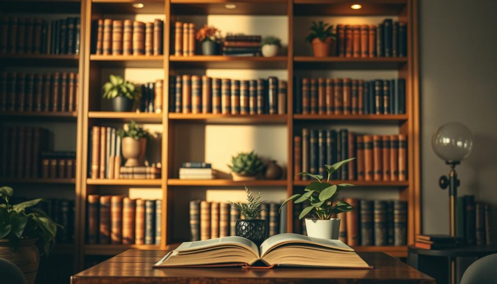 A visually captivating book review setup with a stunning bookshelf backdrop. Soft, warm lighting creates a cozy, inviting atmosphere, casting gentle shadows across the bookshelves. The bookshelf is meticulously styled, featuring a harmonious arrangement of leather-bound volumes, potted plants, and tasteful decorative accents. The camera angle is slightly elevated, offering a compositionally balanced perspective that showcases the carefully curated scene. The overall mood is one of refined sophistication and intellectual engagement, perfectly suited for an engaging book review session.
