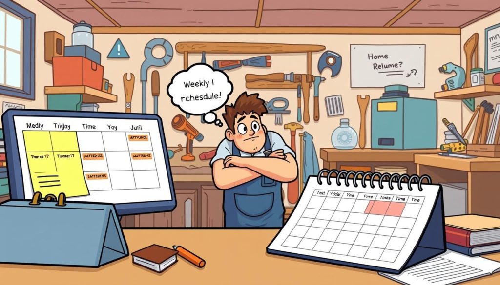 A visually engaging, cartoon-style illustration depicting a well-organized weekly video publishing schedule. In the foreground, a desk with a calendar, laptop, and other office supplies, representing the planning process. In the middle ground, an animated character, possibly a YouTuber or a handyman, pondering the optimal release times for their videos. The background should feature a cozy, workshop-like setting, with tools and materials related to home repairs, hinting at the subject matter of the YouTube channel. The scene should convey a sense of productivity, focus, and a thoughtful approach to content management, reflecting the importance of a well-planned video release schedule. A visually engaging, cartoon-style illustration depicting a well-organized weekly video publishing schedule. In the foreground, a desk with a calendar, laptop, and other office supplies, representing the planning process. In the middle ground, an animated character, possibly a YouTuber or a handyman, pondering the optimal release times for their videos. The background should feature a cozy, workshop-like setting, with tools and materials related to home repairs, hinting at the subject matter of the YouTube channel. The scene should convey a sense of productivity, focus, and a thoughtful approach to content management, reflecting the importance of a well-planned video release schedule.