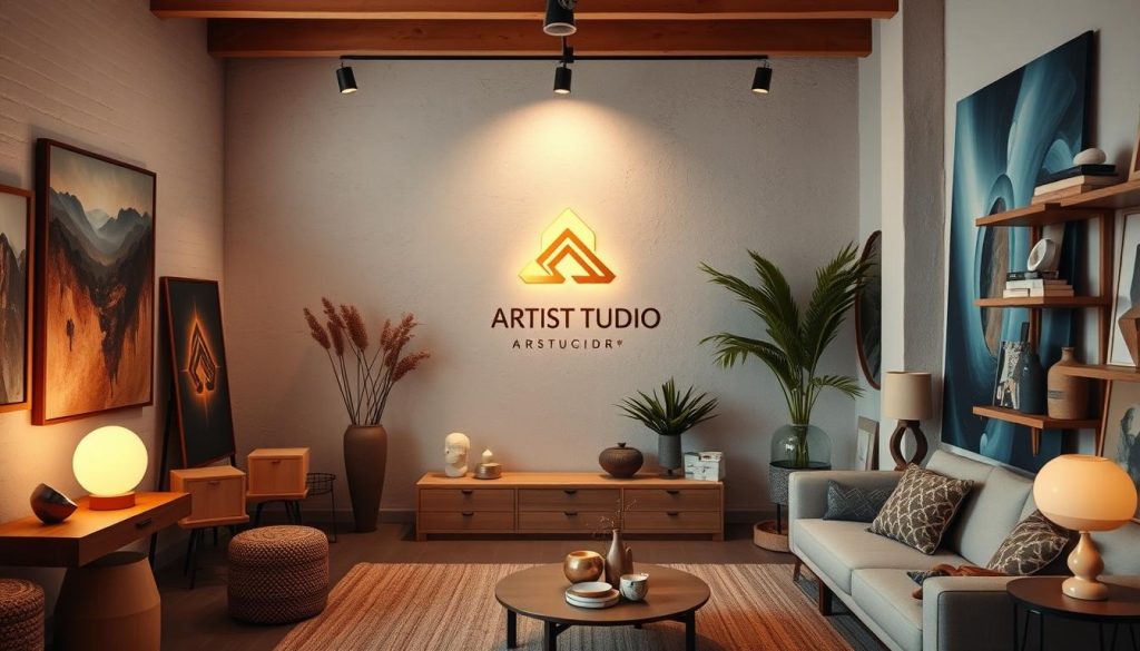 A visually striking artistic studio interior with a focal point on a stylish, minimalist logo displayed on the wall. The logo is the centerpiece, subtly integrated into the decor through thoughtful placement and complementary lighting. The surrounding space features a harmonious mix of textured materials, warm tones, and carefully curated creative elements like paintings, sculptures, and design objects. The overall atmosphere exudes a sense of refined elegance and professional branding, inviting the viewer to immerse themselves in the artistic expression.