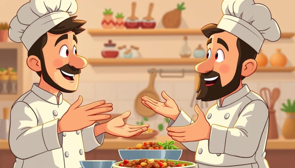 A warm and inviting scene of two animated Iranian chefs engaged in a lively discussion, their expressions and body language conveying a sense of open and engaging communication. The foreground features the chefs gesticulating animatedly, their faces lit by soft, natural lighting that casts a cozy, homely atmosphere. The middle ground showcases a traditional Iranian kitchen setting, with familiar spices, utensils, and ingredients, hinting at the wholesome, homemade nature of the content. The background gently blurs into a neutral, earthy tone, allowing the viewer's focus to remain on the captivating interaction between the chefs.