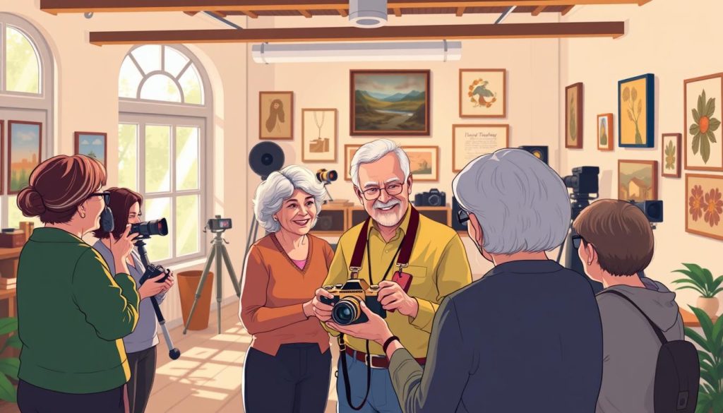 A warm, inviting scene of a photography workshop for beginners over 40. In the foreground, a group of enthusiastic students gathered around a friendly instructor, examining a vintage camera. The middle ground features a cozy studio space, with natural light streaming through large windows and soft, diffused lighting illuminating the scene. In the background, a display of classic photography equipment and inspirational wall art sets the mood. The overall atmosphere is one of camaraderie, learning, and a love for the art of photography, encouraging older adults to embrace their creative passions.