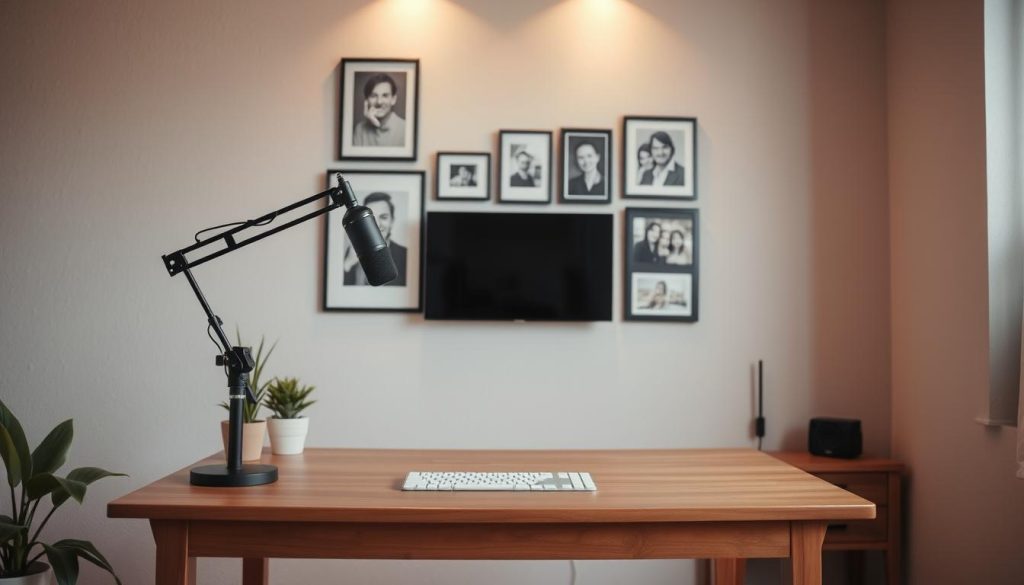 A warm, minimalist scene of a cozy YouTube studio setup. In the foreground, a simple but elegant wooden desk with a high-quality microphone and camera. On the desk, a few carefully selected decor items like a small potted plant and a sleek lamp. The middle ground features a tasteful gallery wall with a mix of framed artwork and personal photos, creating a sense of character and creativity. The background showcases a neutral, textured wall with subtle lighting, allowing the focal elements to stand out. Overall, the composition conveys a sense of professionalism, functionality, and aesthetic sensibility - a well-designed, budget-friendly YouTube workspace.