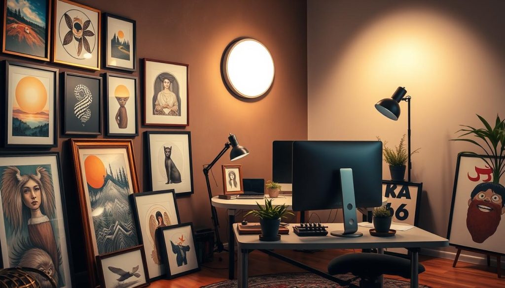 A well-designed and visually captivating YouTube studio setup, featuring an array of thoughtfully curated artistic elements. The foreground showcases a collection of framed paintings and illustrations, their vibrant colors and unique styles commanding attention. The middle ground presents a selection of creative desk accessories, including a vintage-inspired desk lamp, a potted plant, and a sleek, minimalist computer setup. The background seamlessly blends a soft, diffused lighting source with a muted, earthy-toned wall, creating a warm and inviting atmosphere that promotes creativity and engagement. The overall composition exudes a sense of professionalism, artistry, and authenticity, reflecting the importance of a visually striking and personalized YouTube environment.