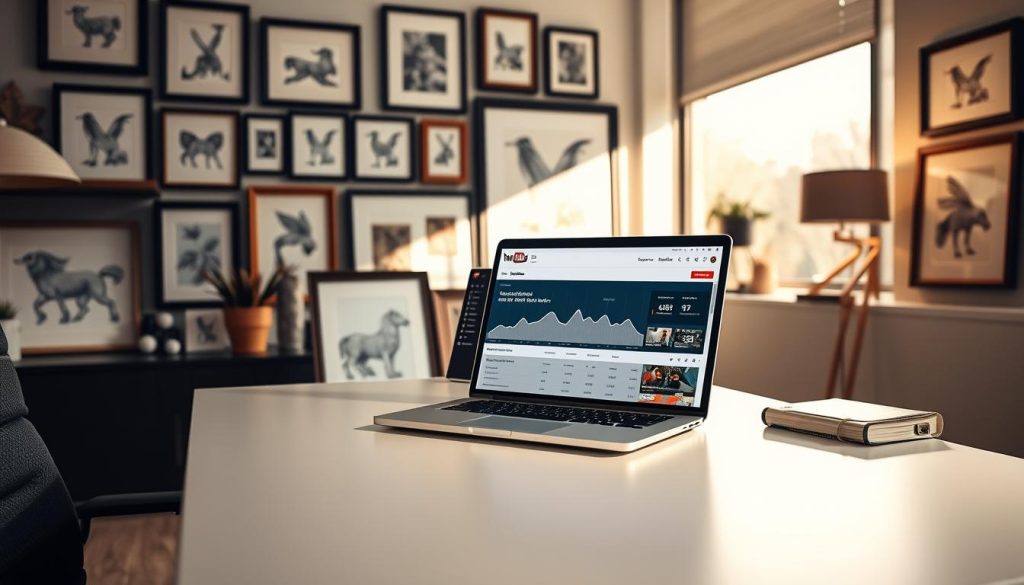 A well-designed home office space with a sleek, modern aesthetic. Prominent on the desk is a laptop displaying YouTube analytics, showcasing the financial details of a creator's video earnings. The background features an array of artfully arranged, frame-worthy sketches and paintings, hinting at the creative and thoughtful nature of the YouTuber's content. Warm, directional lighting from a large window casts a soft glow, creating a contemplative atmosphere as the YouTuber analyzes their revenue stream. The overall composition conveys the intersection of artistic expression, entrepreneurial aspirations, and the critical evaluation of one's online earnings.