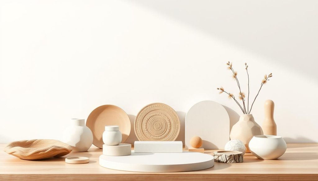 A well-designed, minimalist product arrangement with a simple, uncluttered background. A clean, bright, and modern aesthetic showcasing an artfully curated selection of decorative elements - a mixture of natural materials, sleek geometric shapes, and muted colors that create a visually appealing and harmonious composition. Soft, diffused lighting from above gently illuminates the scene, highlighting the textures and forms of the items. The camera angle is slightly elevated, providing a clear, unobstructed view of the entire setup. An image that evokes a sense of calm, balance, and sophistication, perfectly suited to illustrate the "List of Materials" section of the article on minimalist YouTube unboxing decor.