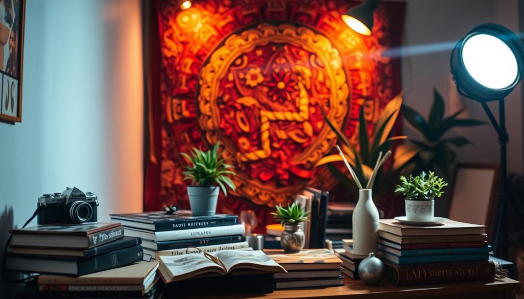 A well-lit, artfully arranged corner of a creative studio space. The background features a vibrant, textured mural wall, perhaps a colorful abstract painting or intricate wall hanging, casting a warm, inviting glow. In the foreground, an array of eclectic, visually interesting objects are strategically placed - a vintage camera, a stack of art books, a potted plant, a decorative vase, and other carefully curated elements that suggest the owner's artistic sensibilities. Soft, directional lighting from multiple sources creates depth and dimension, accentuating the textures and colors of the scene. The overall atmosphere is one of creativity, inspiration, and a visually compelling sense of style.