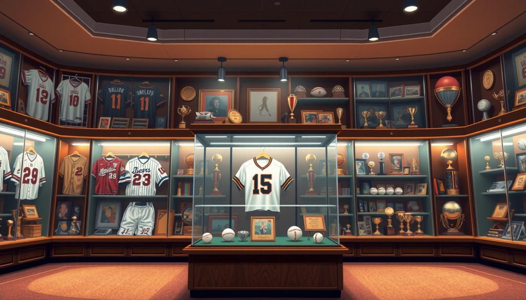 A well-lit, high-quality showcase displaying an array of sports memorabilia, including vintage jerseys, signed baseballs, trophies, and championship rings. The foreground features a prominent central display case with carefully curated items, while the background showcases shelves and cabinets filled with an impressive collection. The lighting creates a warm, inviting atmosphere, highlighting the details and history of each piece. The camera angle captures the showcase from a slightly elevated perspective, providing a comprehensive view of the meticulously organized display. The overall composition conveys a sense of reverence and appreciation for the cherished sports collectibles.