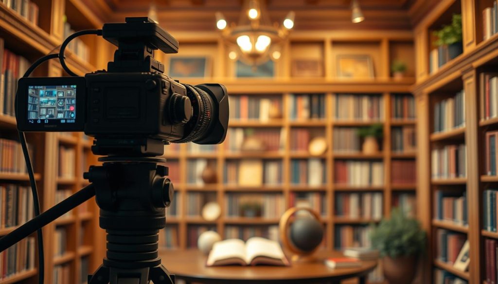 A well-lit, professional-grade book review recording setup with a beautiful library backdrop. The camera is positioned at a slightly elevated angle, capturing the cozy, wooden bookshelves and decorative accents in the foreground. Soft, warm lighting bathes the scene, creating a inviting, scholarly atmosphere. The depth of field is adjusted to subtly blur the background, keeping the focus on the central setup. The camera settings are dialed in for optimal video and image quality, with a wide, high-resolution lens that can accurately render the intricate details of the book-filled shelves and any props or equipment used for the review.