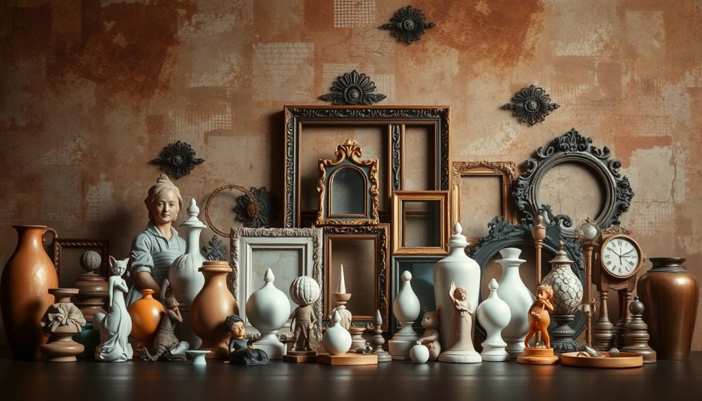 A well-lit, three-dimensional still life scene featuring an assortment of creative and visually striking objects against a rich, textured backdrop. In the foreground, a selection of artistic sculptures and figurines in various mediums and styles, arranged with careful consideration for composition. In the middle ground, a collection of ornate, vintage-inspired frames and wall hangings, complementing the artistic theme. In the background, a backdrop of abstract patterns, brushstrokes, and textural elements, creating a captivating and immersive atmosphere. The overall scene exudes a sense of refined creativity and professional-grade design, perfectly suited to illustrate the article's focus on "creative decor and artistic backgrounds".