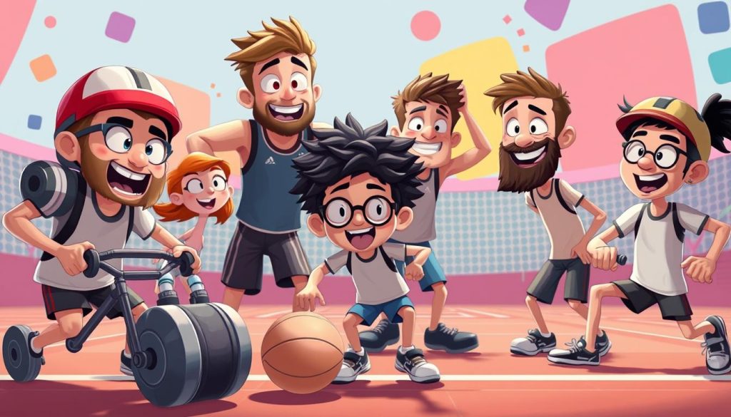 A whimsical and playful scene depicting a group of sporty characters engaged in a series of humorous and exaggerated athletic activities. The foreground features comically oversized equipment and gear, with the characters themselves rendered in an animated, cartoonish style. The middle ground showcases the characters in dynamic, slapstick poses, their expressions and gestures conveying a sense of silliness and absurdity. The background offers a vibrant, colorful setting, perhaps a sports arena or gymnasium, with abstract shapes and patterns that further emphasize the lighthearted, parodic nature of the scene. The overall mood is one of amusement and lighthearted mirth, inviting the viewer to engage with the playful, comedic depiction of sport and athleticism.