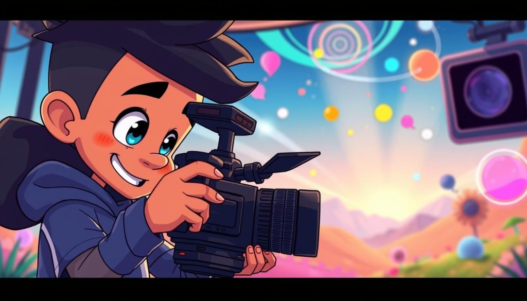 A whimsical, animated scene showcasing the captivating techniques of video production. In the foreground, a dynamic character skillfully operates a professional-grade camera, their gaze fixed on the lens. In the middle ground, colorful graphics and abstract shapes swirl, hinting at the magic of post-processing. The background depicts a vibrant, dreamlike landscape, with playful lighting and a sense of boundless creativity. The overall atmosphere is one of boundless imagination, where the art of video-making is celebrated through a delightful, cartoon-inspired aesthetic.