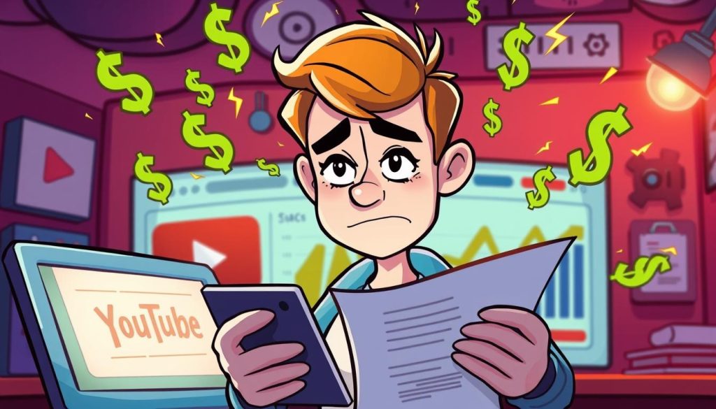 A whimsical cartoon illustration depicting a YouTuber carefully examining their earnings dashboard, surrounded by swirling dollar signs and lightning bolt icons, symbolizing the challenges and rewards of monetizing online content. The YouTuber's expression conveys a mix of concern and determination, as they navigate the complexities of YouTube's revenue streams. The background features a colorful, stylized representation of the YouTube platform, with familiar interface elements and a vibrant, playful atmosphere. The scene is illuminated by warm, dynamic lighting, creating a sense of energy and dynamism.