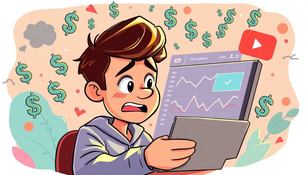 A whimsical cartoon illustration depicting a YouTuber scrutinizing their earnings dashboard, surrounded by swirling dollar signs and currency symbols. The YouTuber's expression conveys a mix of excitement and uncertainty as they analyze the fluctuating revenue stream. The scene is bathed in a warm, inviting color palette, with soft lighting casting shadows that add depth and dimension. The background features playful, abstract shapes and patterns that complement the playful, lighthearted tone. The overall image captures the joys and challenges of monetizing a YouTube channel in a visually engaging, conceptual manner.