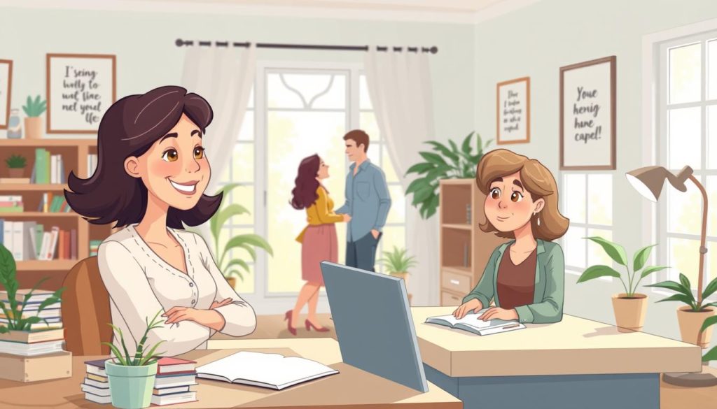 A whimsical cartoon illustration depicting a serene home office setting. In the foreground, a cheerful marriage counselor with a warm, inviting expression sits at a neatly organized desk, surrounded by books, plants, and inspirational wall art. In the middle ground, a couple engages in a thoughtful discussion, their body language indicating openness and connection. The background features a cozy, well-lit room with large windows, allowing natural light to filter in and create a calming, inviting atmosphere. The color palette is soft and harmonious, evoking a sense of tranquility and positivity. The overall scene conveys an atmosphere of wisdom, guidance, and the promise of a fulfilling, long-lasting relationship.