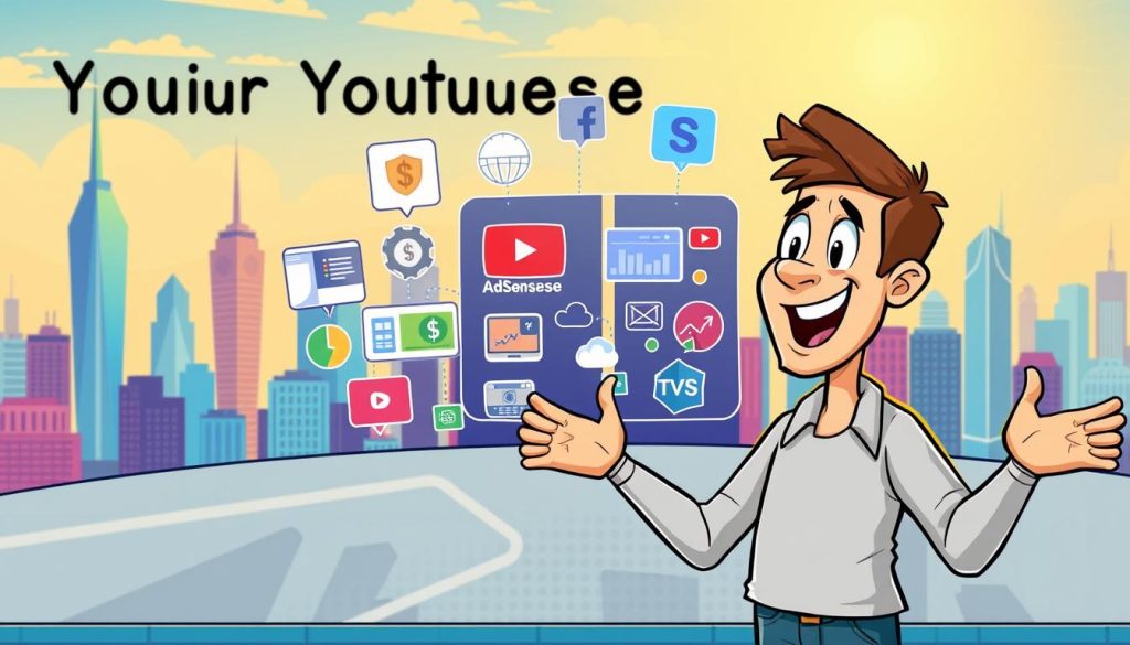 A whimsical cartoon illustration depicting the challenges and opportunities of monetizing a YouTube channel and AdSense services. In the foreground, a jovial YouTuber gestures animatedly, discussing revenue streams and strategies. The middle ground showcases a colorful array of icons representing YouTube analytics, AdSense payouts, and online advertising. In the background, a vibrant, stylized cityscape with skyscrapers and tech-inspired elements sets the scene. The lighting is warm and inviting, conveying a sense of optimism and possibility. The overall tone is playful yet informative, mirroring the spirit of the article's subject matter.