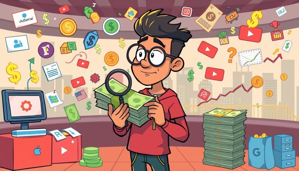 A whimsical cartoon scene depicting a YouTuber examining their income stream. In the foreground, the YouTuber stands contemplatively, holding a magnifying glass and scrutinizing a stack of dollar bills. Surrounding them are various colorful icons and symbols representing different monetization methods - AdSense, sponsorships, merchandise, and more. In the middle ground, animated visual effects like dollar signs, coins, and financial graphs swirl around, creating a dynamic, energetic atmosphere. The background features a stylized cityscape or studio setting, hinting at the broader digital content creation landscape. The overall mood is one of playful analysis, as the YouTuber ponders the complexities of earning revenue from their online video endeavors. A whimsical cartoon scene depicting a YouTuber examining their income stream. In the foreground, the YouTuber stands contemplatively, holding a magnifying glass and scrutinizing a stack of dollar bills. Surrounding them are various colorful icons and symbols representing different monetization methods - AdSense, sponsorships, merchandise, and more. In the middle ground, animated visual effects like dollar signs, coins, and financial graphs swirl around, creating a dynamic, energetic atmosphere. The background features a stylized cityscape or studio setting, hinting at the broader digital content creation landscape. The overall mood is one of playful analysis, as the YouTuber ponders the complexities of earning revenue from their online video endeavors.