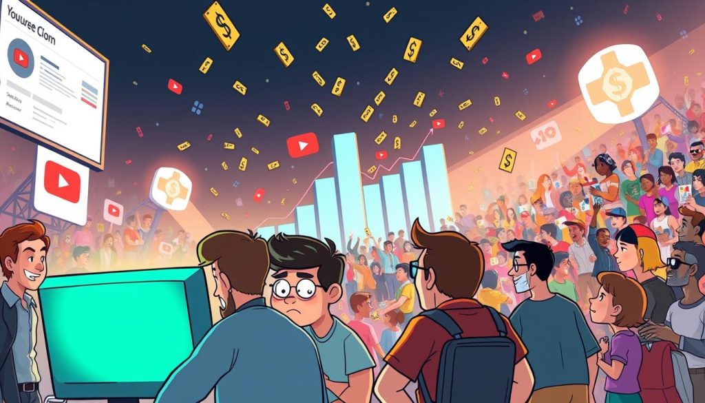 A whimsical cartoon scene depicting the complex financial landscape of YouTube revenue streams. In the foreground, a group of animated content creators huddle around a glowing computer screen, brows furrowed as they scrutinize the latest analytics data. In the middle ground, a towering bar chart represents the fluctuating income, with dollar signs raining down. In the background, a colorful crowd of viewers, subscribers, and advertisers swirl and interact, their interests and motivations represented by diverse symbols and icons. The lighting is warm and inviting, but an underlying tension hints at the challenges of navigating the ever-changing YouTube monetization ecosystem.