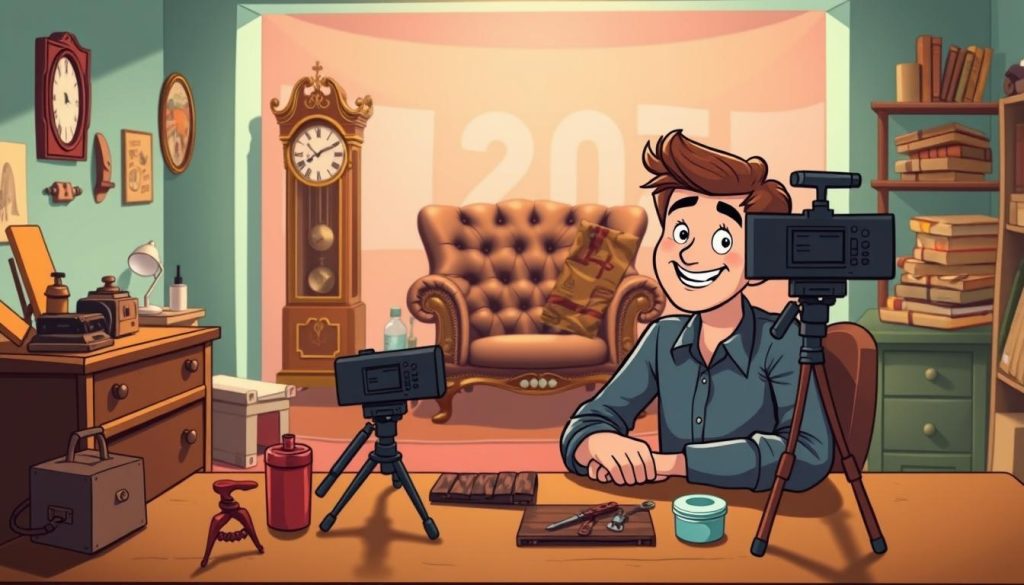 A whimsical cartoon scene depicting the creation of a successful YouTube channel for antique restoration. In the foreground, a cheerful YouTuber sits at a desk, surrounded by vintage tools and a retro-styled camera setup. In the middle ground, a collection of antique items - a grandfather clock, a worn leather armchair, and a stack of old books - await transformation. The background features a vibrant, colorful setting, perhaps a cozy workshop or a lively home interior, hinting at the creative energy and passion driving the channel's content. Soft, warm lighting illuminates the scene, creating an inviting and inspiring atmosphere for viewers to imagine themselves embarking on their own YouTube journey of restoring cherished vintage treasures.