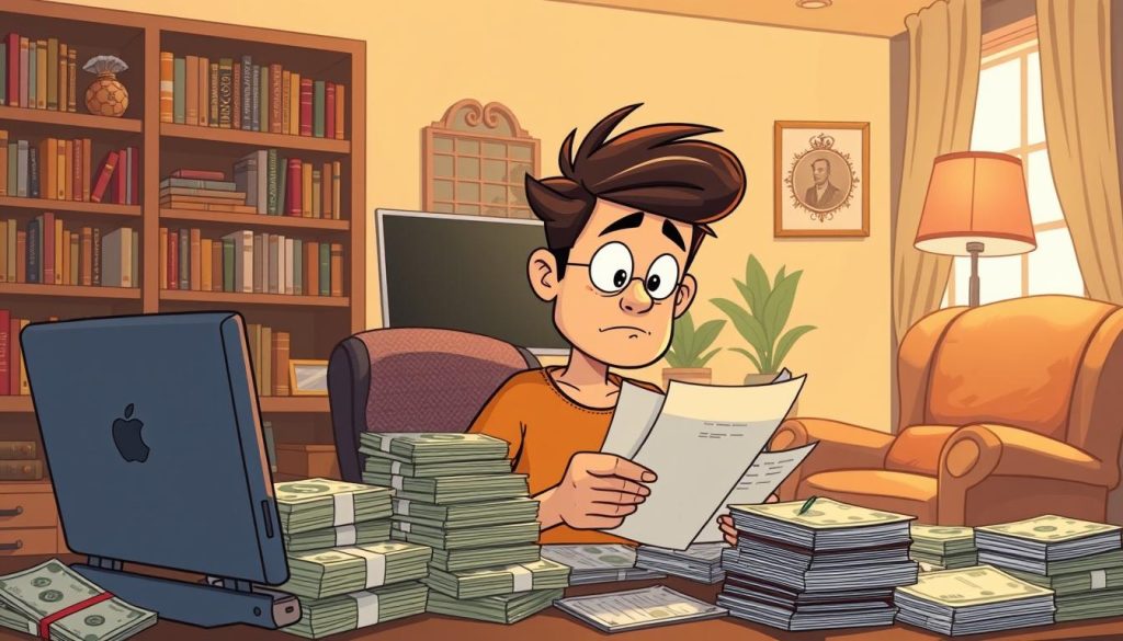 A whimsical cartoon scene of a YouTuber meticulously tallying up their YouTube earnings, surrounded by stacks of dollar bills and financial documents. The YouTuber has a pensive expression, deep in thought as they analyze their revenue stream. The background is a cozy home office setting, with bookshelves, a desk, and a cozy armchair. Warm, muted lighting casts a contemplative atmosphere, as the YouTuber ponders the financial realities of their creative endeavor. The composition emphasizes the juxtaposition between the creative and the analytical, capturing the YouTuber's dilemma of balancing artistic passion with practical income considerations.