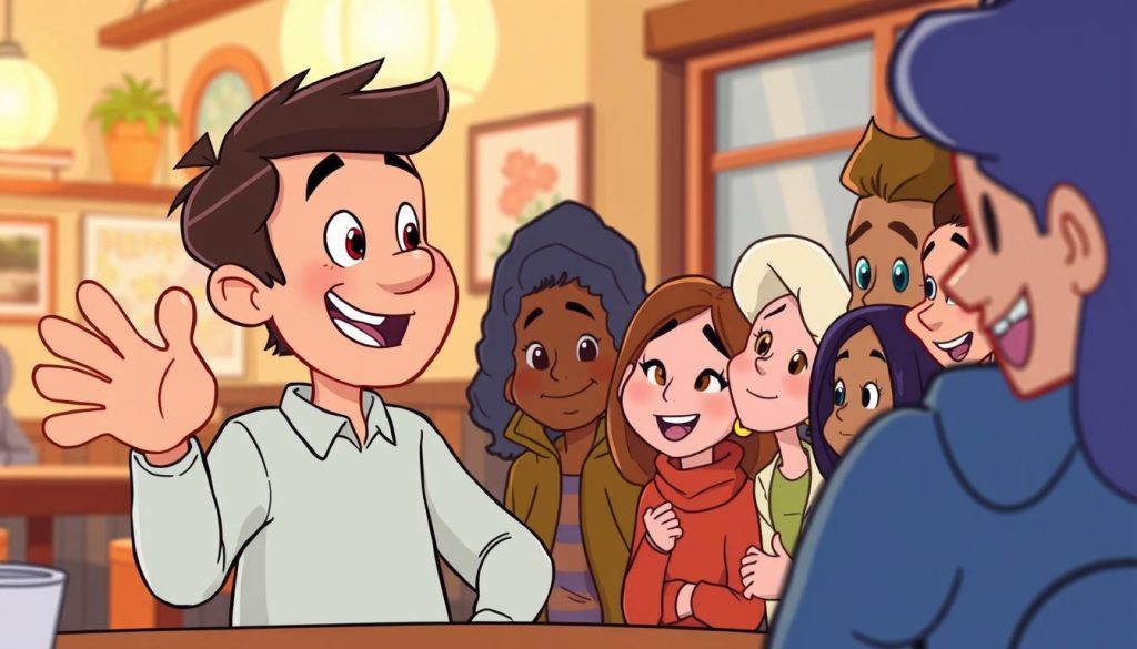 A whimsical cartoon scene of an animated character interacting enthusiastically with a group of attentive viewers. The character is gesturing expressively, engaging the audience with a warm, inviting demeanor. The background features a cozy, informal setting, perhaps a casual restaurant or cafe, with soft lighting and vibrant colors that create a relaxed, convivial atmosphere. The viewers, represented as diverse, stylized figures, lean in curiously, their faces alight with interest, reflecting a genuine sense of connection and dialogue. The overall composition conveys a lively, approachable exchange, capturing the essence of building meaningful interactions with one's audience.