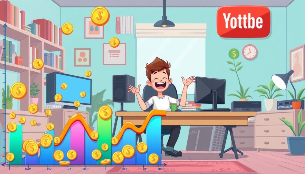 A whimsical, cartoon-style illustration depicting the income stream of a successful YouTube channel. In the foreground, a vibrant, colorful graph charts the channel's growth, with various dollar signs and coins cascading down. In the middle ground, a cheerful YouTuber character sits at a desk, gesturing excitedly while surrounded by production equipment and digital displays. The background features a cozy, inviting home office setting, with bookshelves, plants, and other elements that convey a sense of productivity and comfort. The overall scene should radiate a lighthearted, aspirational tone, capturing the excitement and potential of building a lucrative YouTube channel.