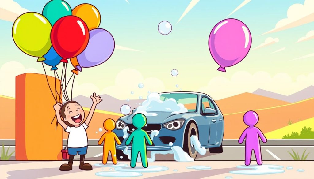 A whimsical, cartoon-style illustration depicting the process of gathering followers for a YouTube channel focused on car washing and detailing. In the foreground, a cheerful character enthusiastically collects colorful, balloon-like followers, represented as playful, abstract shapes. The middle ground showcases a vibrant, stylized car wash scene, with soapy bubbles and shiny vehicles. The background features a dynamic, dreamlike landscape, hinting at the growth and success of the YouTube channel. The lighting is warm and inviting, conveying a sense of positivity and encouragement. The overall composition is balanced and engaging, capturing the essence of the "Gathering Followers" section of the article.