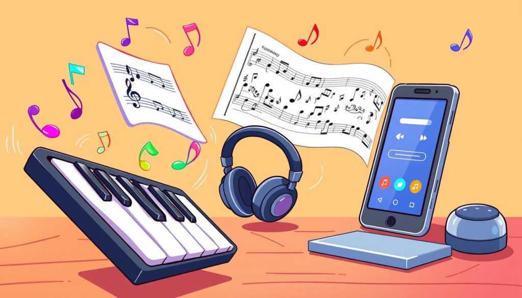 A whimsical, cartoon-style illustration depicting various musical technology tools for learning and playing instruments. In the foreground, a virtual piano keyboard and a musical score float in the air, surrounded by colorful sound waves and musical notes. In the middle ground, a pair of headphones and a metronome dance together, while in the background, a smartphone or tablet displays a music learning app. The scene is bathed in a warm, vibrant color palette, conveying a sense of creativity, playfulness, and the power of technology to enhance musical education and exploration. A whimsical, cartoon-style illustration depicting various musical technology tools for learning and playing instruments. In the foreground, a virtual piano keyboard and a musical score float in the air, surrounded by colorful sound waves and musical notes. In the middle ground, a pair of headphones and a metronome dance together, while in the background, a smartphone or tablet displays a music learning app. The scene is bathed in a warm, vibrant color palette, conveying a sense of creativity, playfulness, and the power of technology to enhance musical education and exploration.