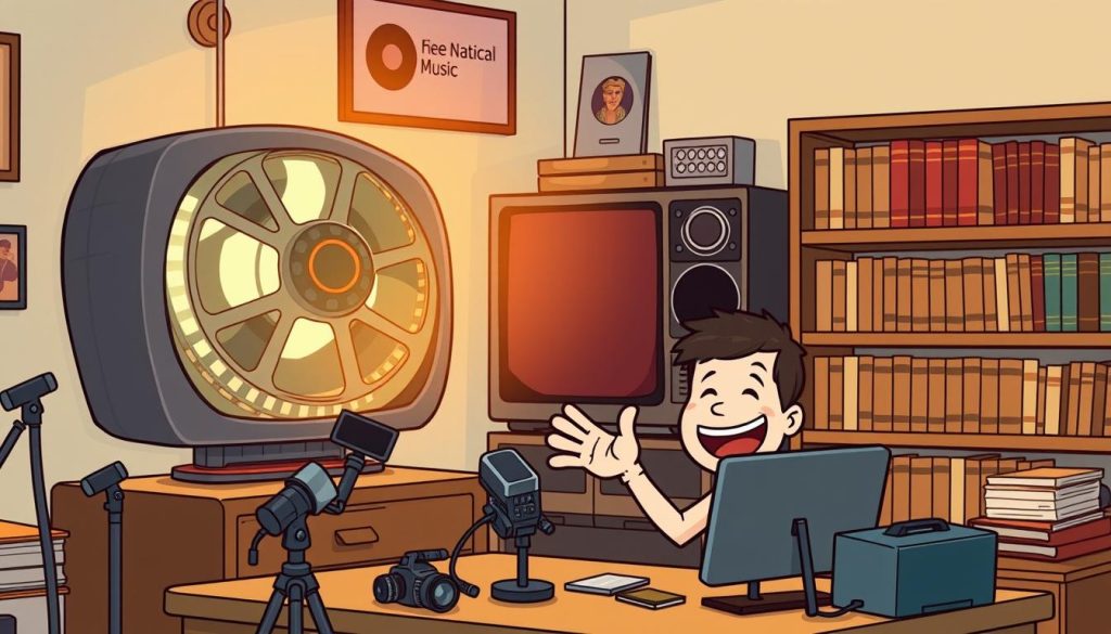 A whimsical, cartoon-style illustration of a classic, vintage film reel spinning on a retro-style television set, casting a warm, golden glow across the frame. In the foreground, a smiling, stylized YouTuber character sits at a desk, surrounded by microphones, cameras, and other production equipment, gesturing enthusiastically as they create content. In the background, an array of vintage music records and books on film and classical music line the shelves, hinting at the channel's focus. The overall scene conveys a sense of passion, creativity, and the joy of sharing beloved, timeless media with an audience.