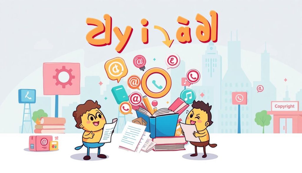 A whimsical, cartoon-style illustration of the "قوانین کپی‌رایت" concept. Depicts a colorful, playful scene with friendly, anthropomorphic characters navigating the intricacies of copyright law. Vibrant, playful colors, clean lines, and a lighthearted, educational tone. Foreground features two cartoon figures discussing copyright symbols and legal documents. Midground showcases a variety of creative works (books, art, music) surrounded by copyright icons. Background includes a stylized cityscape with copyright-themed signage and buildings. Soft, diffused lighting creates an inviting, approachable atmosphere. The overall image conveys the importance of understanding copyright regulations in a visually engaging, accessible manner.
