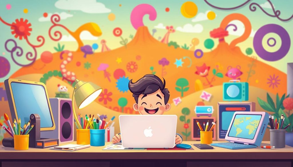 A whimsical, colorful scene showcasing the creative process of content creation. In the foreground, a cheerful character sits at a desk, surrounded by an array of vibrant art supplies and digital devices. The background features a lively, imaginative landscape with swirling shapes, bold patterns, and playful elements that evoke a sense of boundless creativity. Warm, diffused lighting creates a cozy, inspiring atmosphere, while a dynamic camera angle captures the scene from a slightly elevated perspective. The overall composition should convey a sense of joy, energy, and the endless possibilities of content creation.