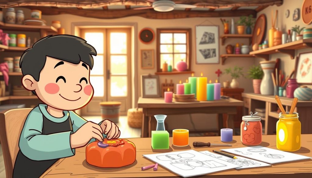 A whimsical, hand-crafted candle-making workshop scene. In the foreground, a cheerful, cartoonish character shapes vibrant wax into intricate designs, their face animated with focused concentration. The middle ground features an assortment of colorful wax blocks, tools, and inspirational sketches spread across a wooden work table. In the background, a cozy, rustic studio space with natural light filtering in, giving the scene a warm, inviting atmosphere. The overall mood is one of creativity, learning, and the joy of DIY craftsmanship.