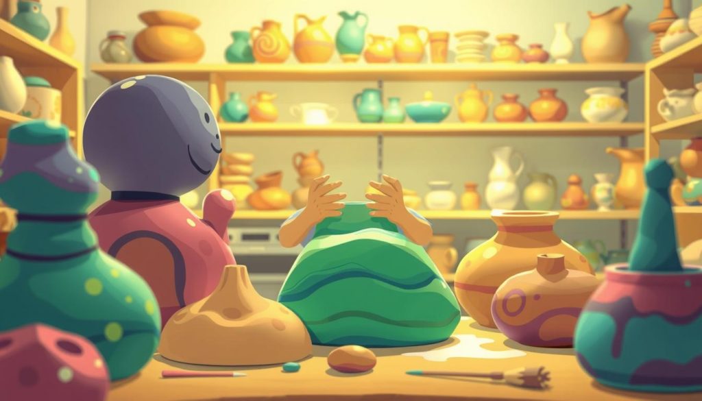 A whimsical, hand-crafted ceramic workshop scene. In the foreground, vibrant clay forms take shape, their textures and colors bursting with creativity. In the middle ground, a skilled potter's hands gracefully mold the clay, shaping it into unique, organic forms. The background features shelves filled with an array of finished pottery pieces, each one a distinct work of art. Soft, diffused lighting casts a warm, inviting glow, evoking a sense of artisanal craft and skilled workmanship. The overall atmosphere is one of playful, carefree expression, capturing the spirit of a homegrown, handmade pottery channel. A whimsical, hand-crafted ceramic workshop scene. In the foreground, vibrant clay forms take shape, their textures and colors bursting with creativity. In the middle ground, a skilled potter's hands gracefully mold the clay, shaping it into unique, organic forms. The background features shelves filled with an array of finished pottery pieces, each one a distinct work of art. Soft, diffused lighting casts a warm, inviting glow, evoking a sense of artisanal craft and skilled workmanship. The overall atmosphere is one of playful, carefree expression, capturing the spirit of a homegrown, handmade pottery channel.